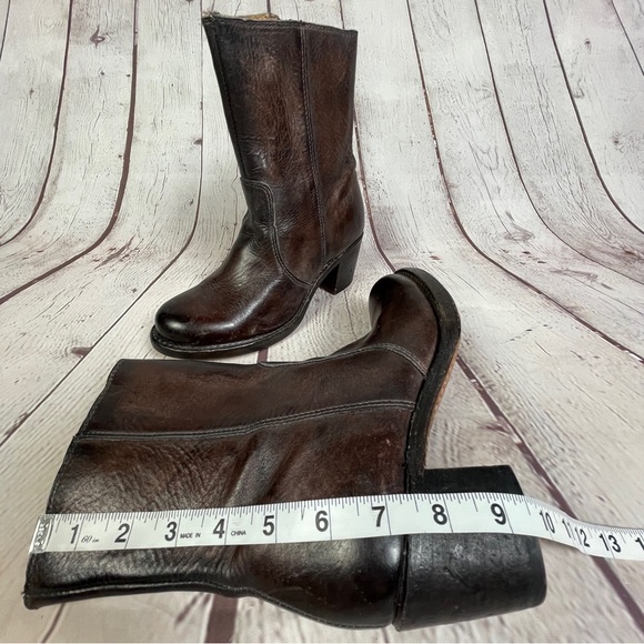 FRYE Sabrina brown leather block heel round toe campus mid boots, size 6.5 - Picture 13 of 15